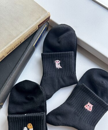 アニマル刺繍アンクル底パイルソックス