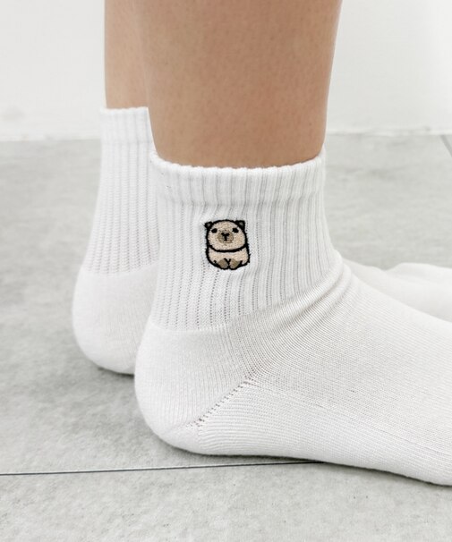 アニマル刺繍アンクル底パイルソックス