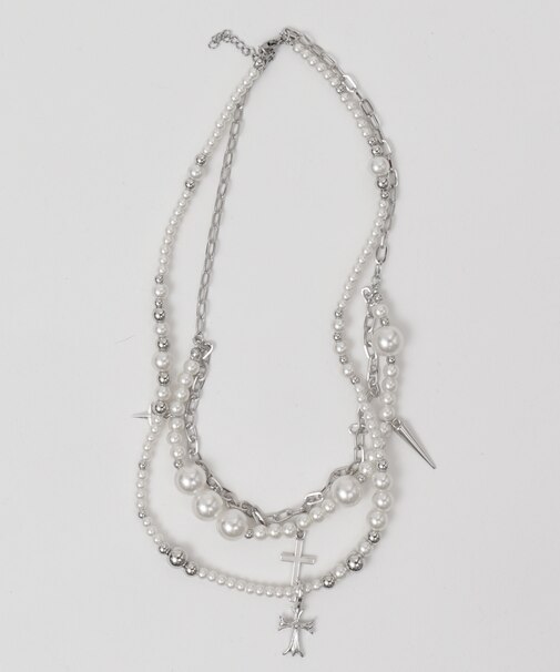 Lレイヤーパールクロスネックレス