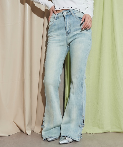 デザインスリットストレッチフレアデニム