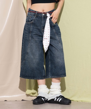 スカーフ付きワイドデニムハーフパンツ
