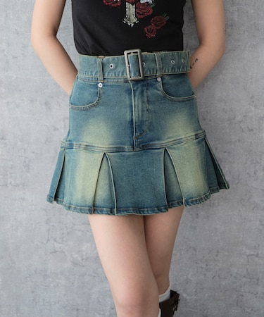 ベルト付デニムプリーツスカパン