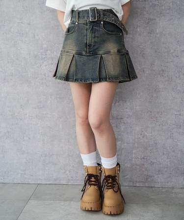 ベルト付デニムプリーツスカパン