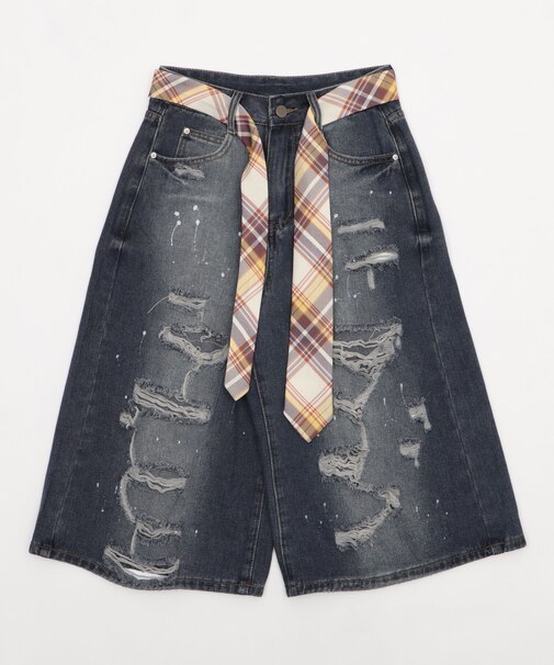 タイ付きダメージハーフデニムパンツ