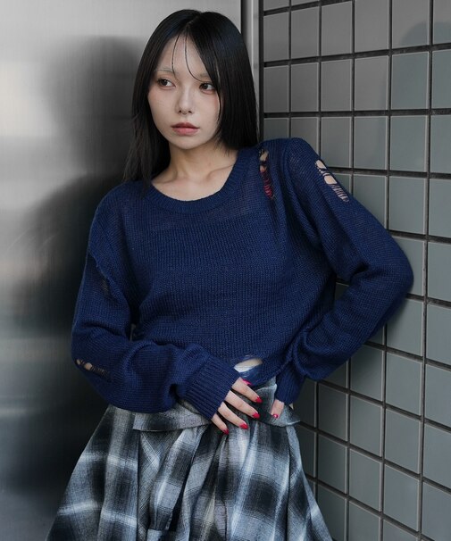 モヘアタッチダメージショートニット