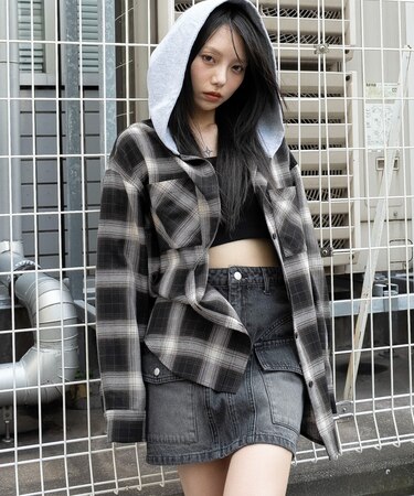 裏毛フードチェックシャツ