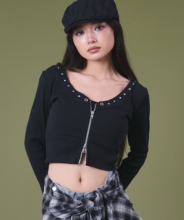 ネックラインスタッズZIPトップ