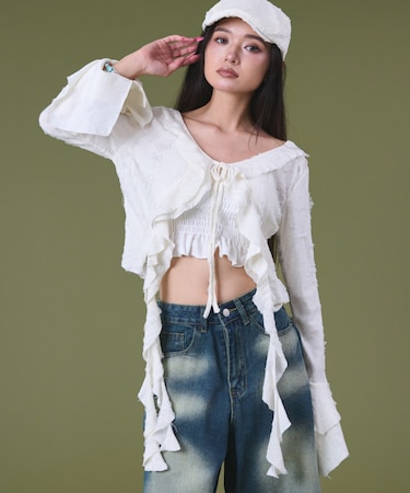 ダメージフリルヘムLSカーデ