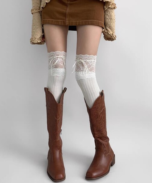 リボンレース切替ニーハイソックス