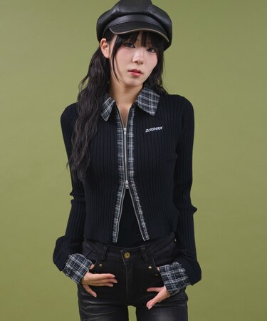 チェックドッキングWジップニット