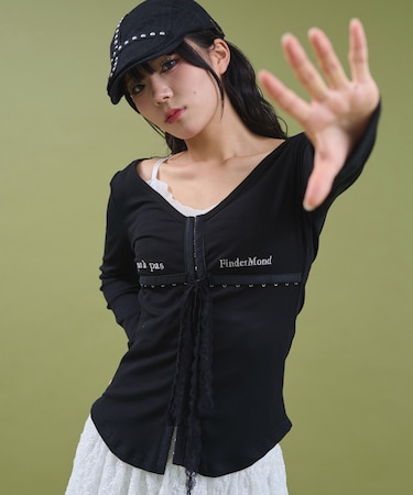 ロゴ刺繍レースフックカーデ