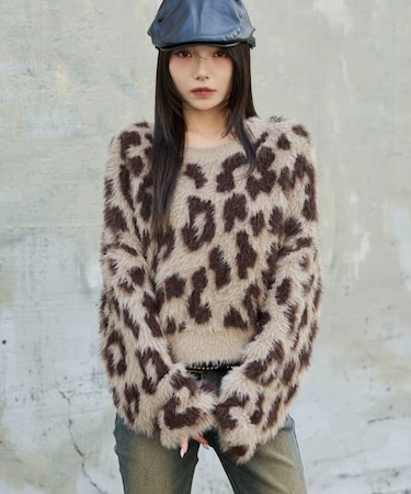 レオパードシャギーショートニット