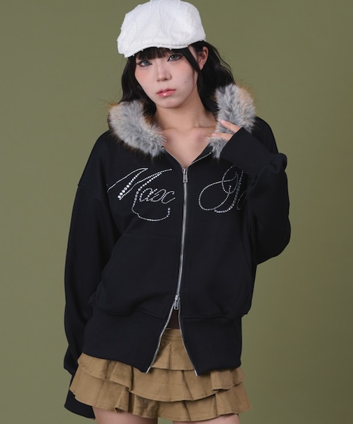 ラインストーンロゴファ-ジップーパーカー
