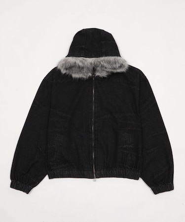 ファーフードスラッシュデニムブルゾン