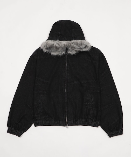 ファーフードスラッシュデニムブルゾン