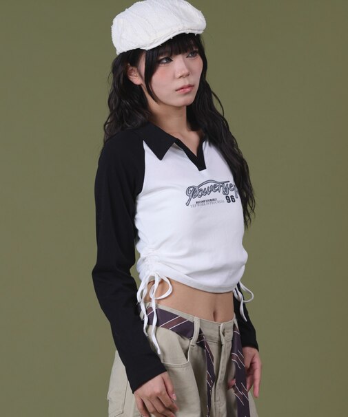 サイドギャザーバイカラーロゴトップ