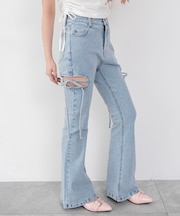 カットアウトリボンストレッチフレアデニムパンツ