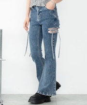 カットアウトリボンストレッチフレアデニムパンツ