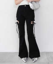 カットアウトリボンストレッチフレアデニムパンツ