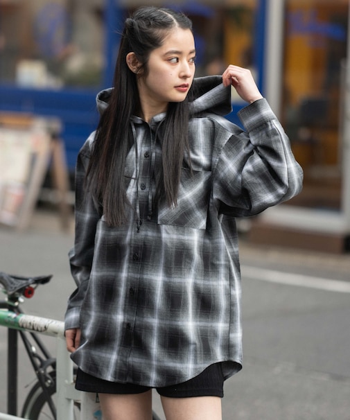 フードチェックシャツ