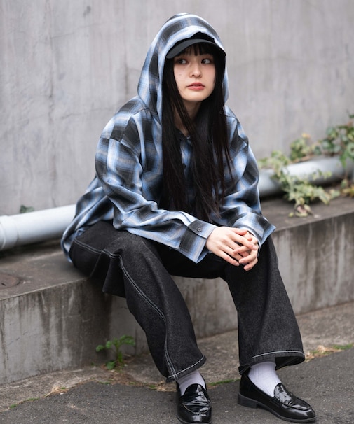 フードチェックシャツ