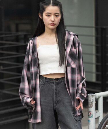 フードチェックシャツ