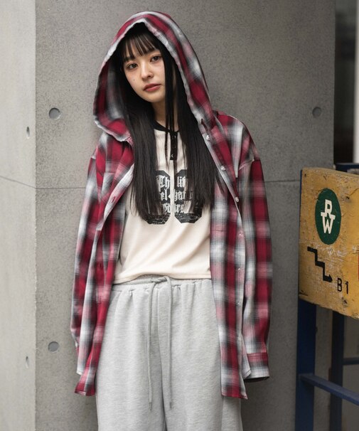 フードチェックシャツ