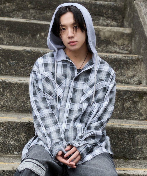 オンブレチェックフードシャツ(LS)