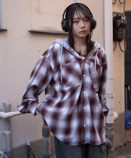 オンブレチェックフードシャツ(LS)