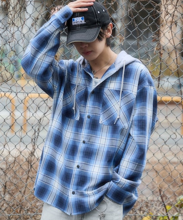 オンブレチェックフードシャツ(LS)