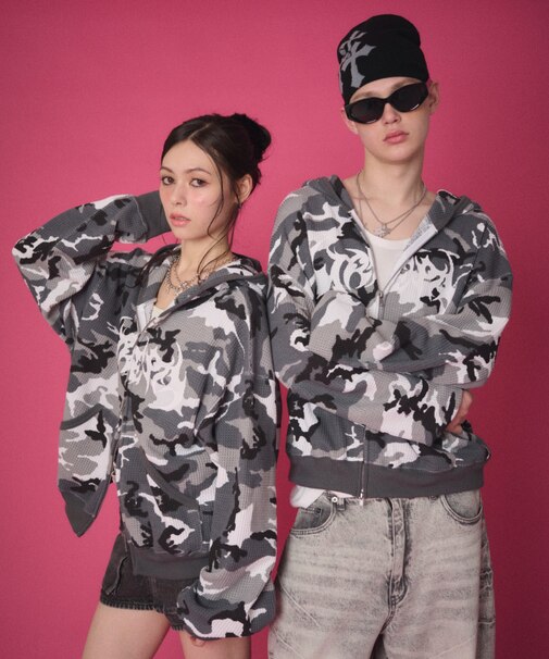 ワッフルグラフィックカットZIPパーカー