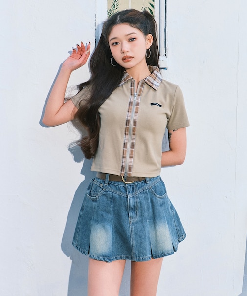 ベルト付きウォッシュドデニムミニスカパン