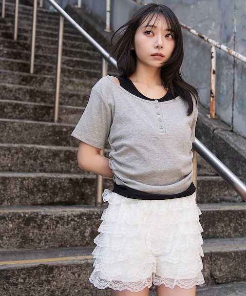 レイヤードキーネック半袖T