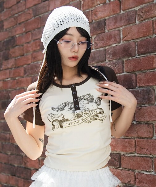 グラフィックラグランヘンリーネックT