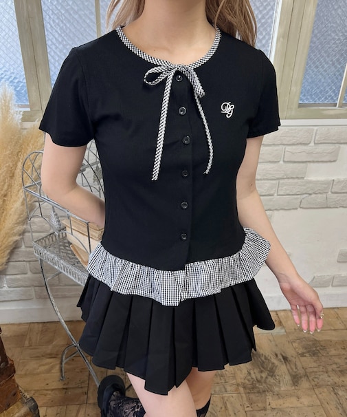 チェック配色リボンTシャツ