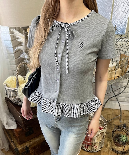 チェック配色リボンTシャツ