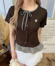 チェック配色リボンTシャツ