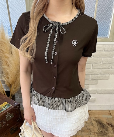 チェック配色リボンTシャツ