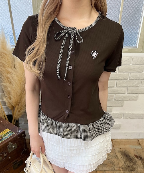 チェック配色リボンTシャツ