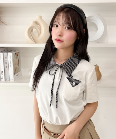 チェックキリカエリボンタイTシャツ