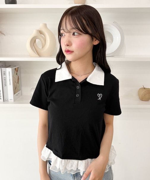 レースヘムワンポイント襟付きTシャツ
