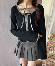 チェックパイピングリボントップス