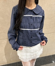 ギャザーデザインチェックブラウス