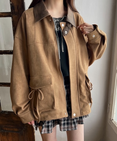 バイカラーリボンポケットスウェードタッチジャケット