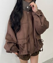 バイカラーリボンポケットスウェードタッチジャケット