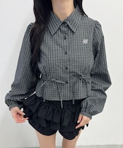 ウエストリボンチェックLSブラウス