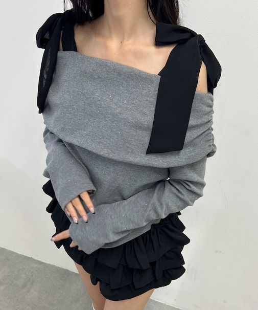 オフショルリボンラメリブトップス