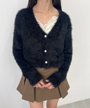 パールボタンフェザータッチショートカーデ
