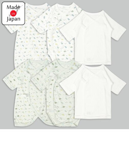 [スナップタイプ]新生児肌着6点セット　長袖　恐竜 グリーン