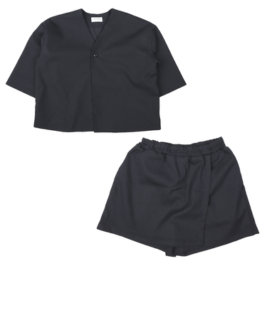 [キッズ]ノーカラージャケットキュロットセットアップ　ネイビー